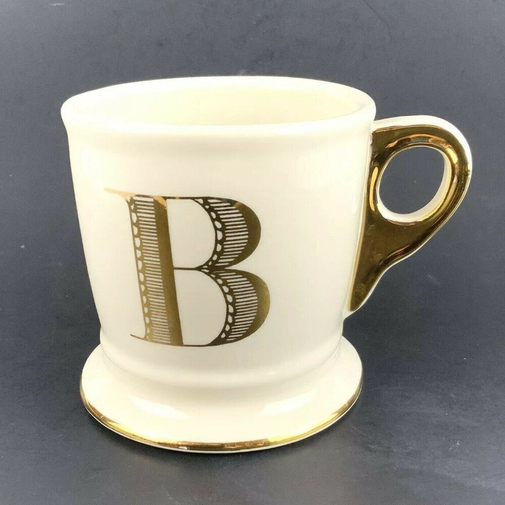 Anthropologie Monogram "B" Cream & Gold Ceramic Coffee Mug 12 fl oz
